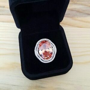 Amber CZ Micro Pave Halo 925 Silver Ring - Size 5.5